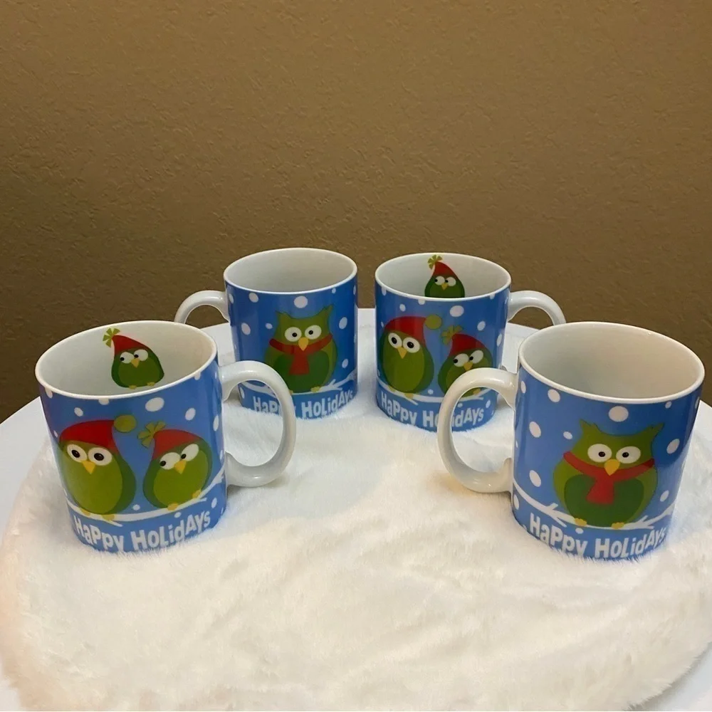 Pier 1 Holiday Owl Mugs – Set of 4 – Christmas Ceramic Cups